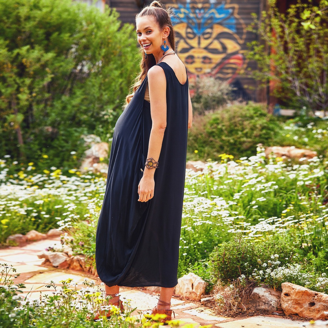 Buttoned Pockets Scoop Neck Loose Maternity Dress