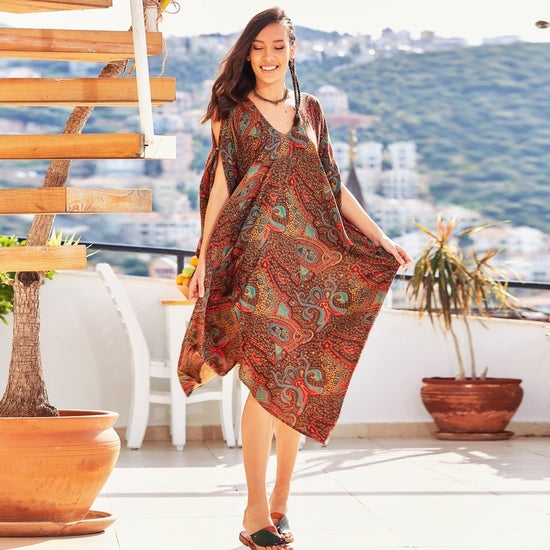 Ethnic Print Deep V Neck Loose Fit Bohem Cold Shoulder Dress