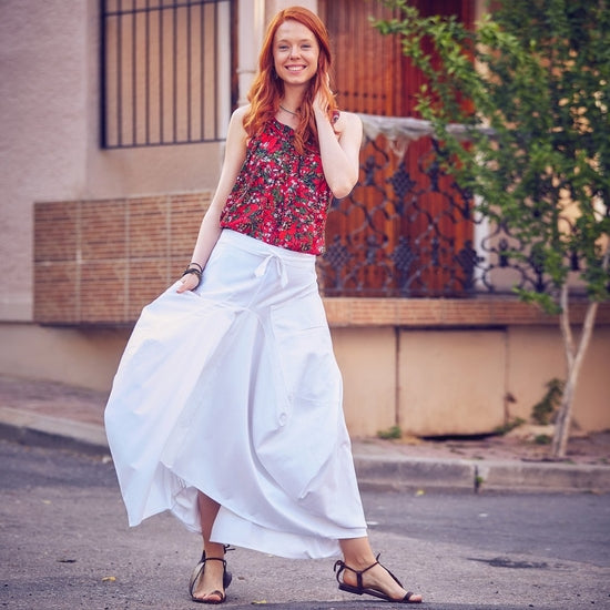 Oversized Pocket Detailed Tie Waist Boho Chic White Long Skirt