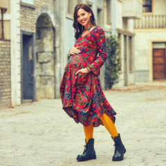 Asymmetrical Hem Long Sleeve Tie Waist Floral Maternity Dress