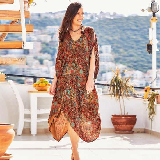 Ethnic Print Deep V Neck Loose Fit Bohem Cold Shoulder Dress