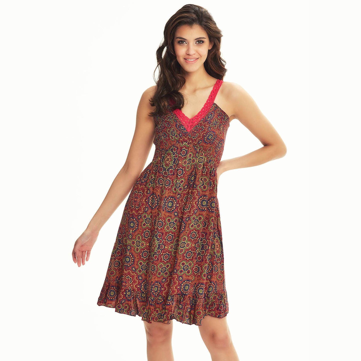 Retro Print Lace Straps Frill Hem Detail Sundress