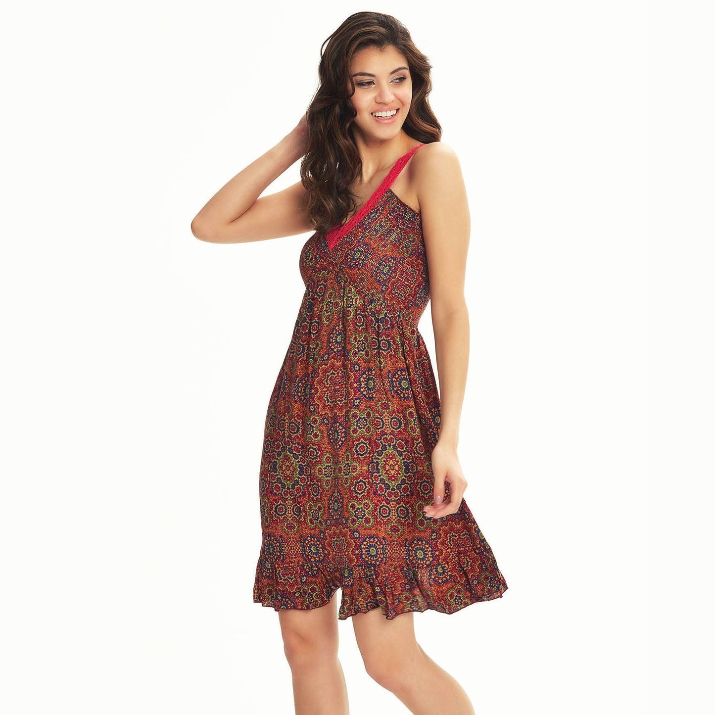 Retro Print Lace Straps Frill Hem Detail Sundress