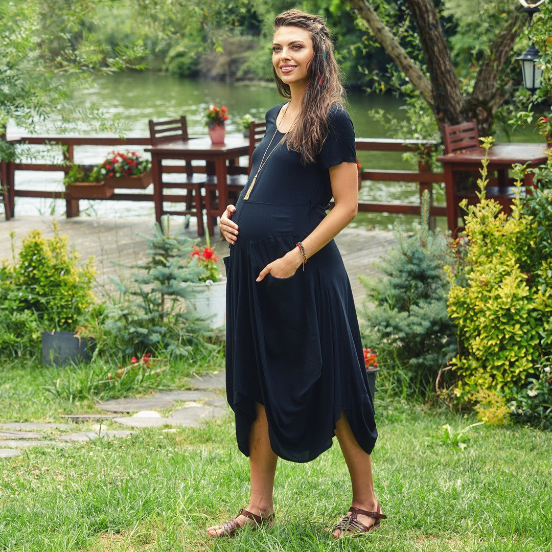 Half Sleeve Round Neck Black Long Bohemian Maternity Dress