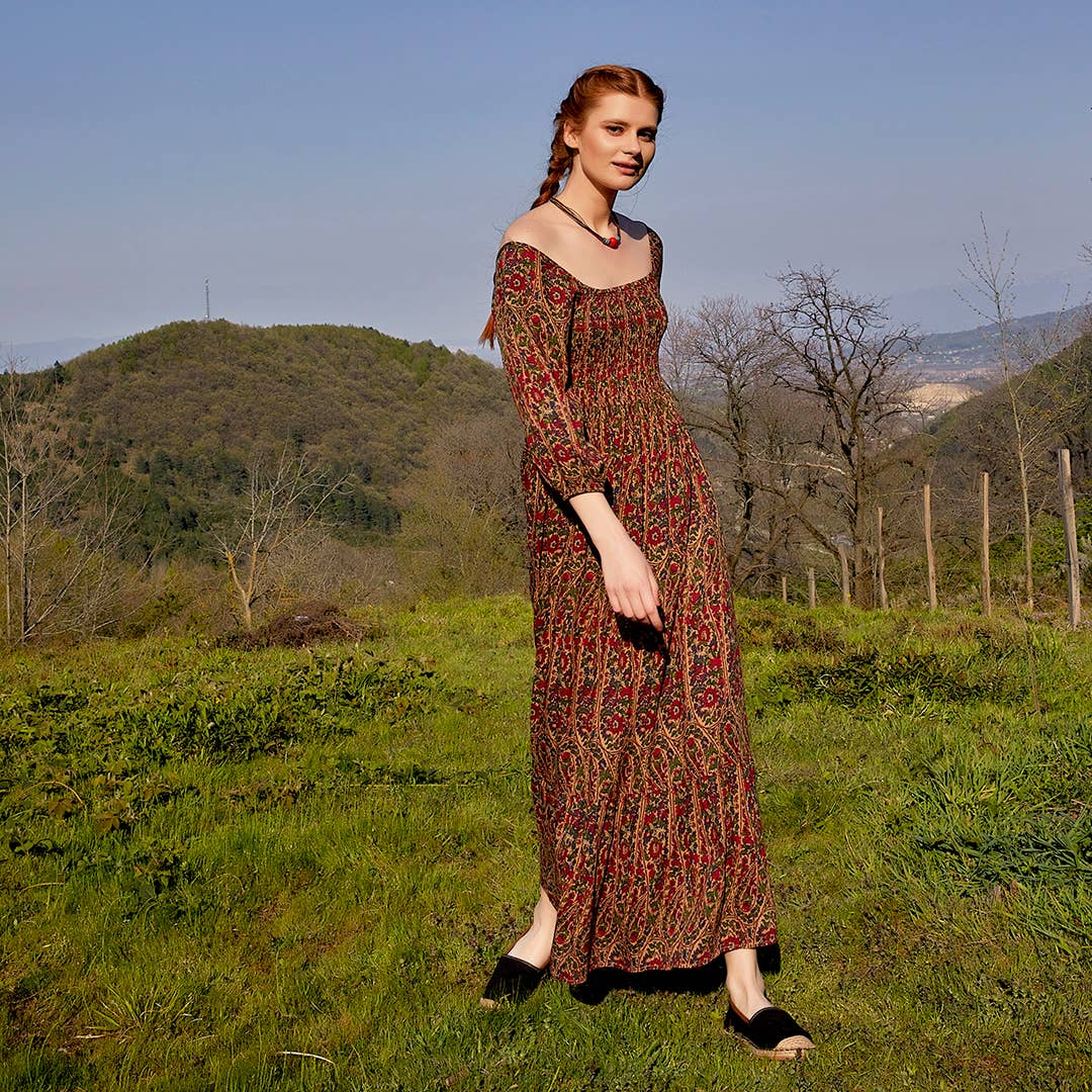 Long Maroon Patterned Summer Dress