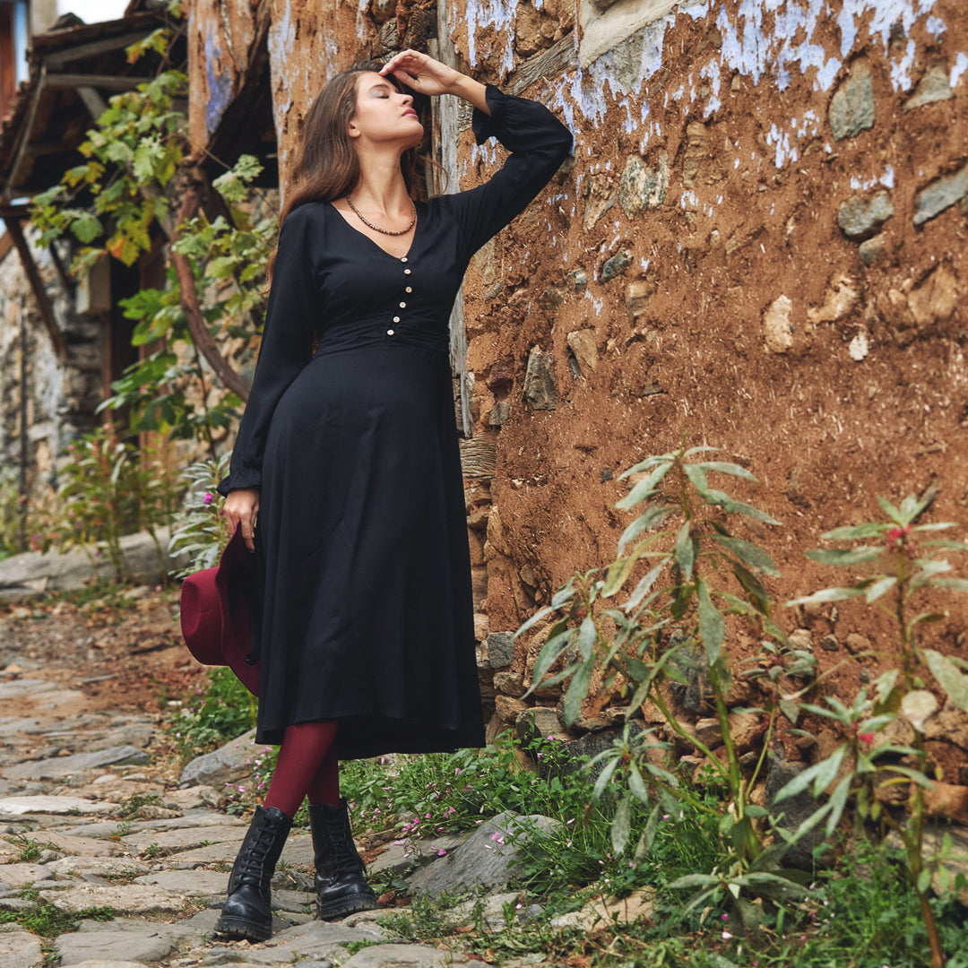 Boho Style Ruffle Sleeve Black Dress
