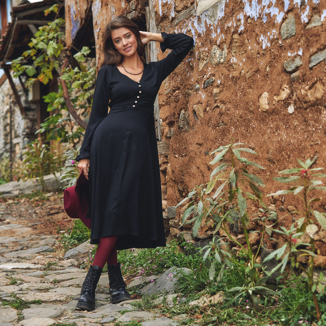 Boho Style Ruffle Sleeve Black Dress