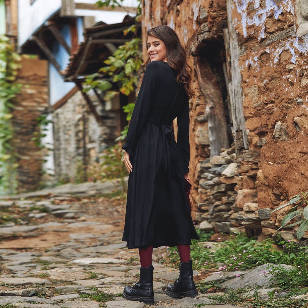 Boho Style Ruffle Sleeve Black Dress