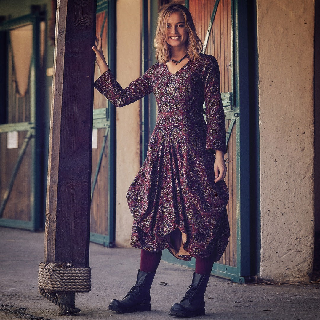 Retro Printed Asymmetrical Hem Long Sleeve Dress