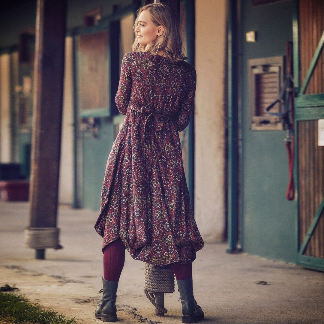 Retro Printed Asymmetrical Hem Long Sleeve Dress
